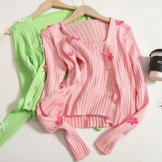 Set: Flower Accent Knit Camisole Top + Cardigan