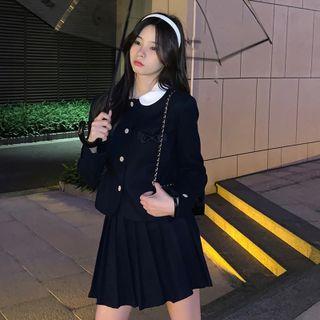 Set: Peter Pan Collar Cropped Button-up Jacket + Mini Pleated Skirt