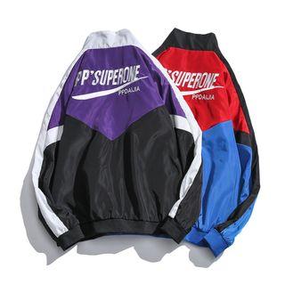 Color Panel Letter Embroidered Zip Jacket