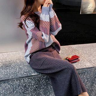 Set: Striped Sweater + Midi H-line Knit Skirt