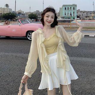 Lace Trim Camisole Top / A-line Mini Skirt / Ruffle Light Jacket