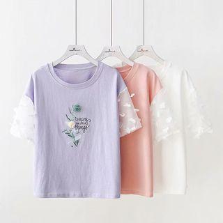Flower Applique Mesh Panel Short-sleeve T-shirt
