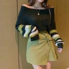Striped Cable-knit Long-sleeve Top / Mini A-line Skirt