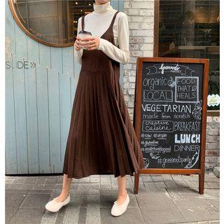 Mock Neck Long-sleeve T-shirt/ Spaghetti-strap Midi Pleated A-line Dress