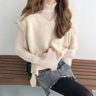 Knit Vest / Long-sleeve Mock-neck Top