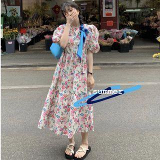 Short-sleeve Floral Midi A-line Dress Pink & Purple Flowers - White - One Size