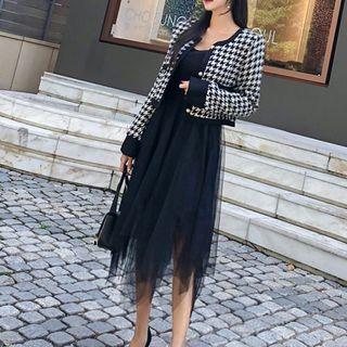 Set: Houndstooth Buttoned Jacket + Spaghetti-strap A-line Midi Mesh Dress