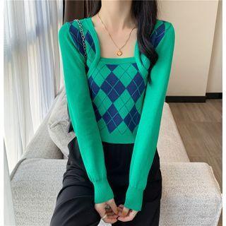 Argyle Cropped Cardigan / Argyle Knit Camisole Top