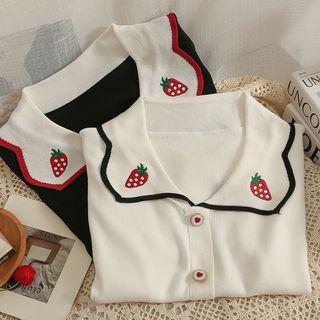 Strawberry-embroidered Sailor-collar Crop T-shirt