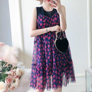 Sleeveless Heart Patterned Mesh Paneled A-line Dress