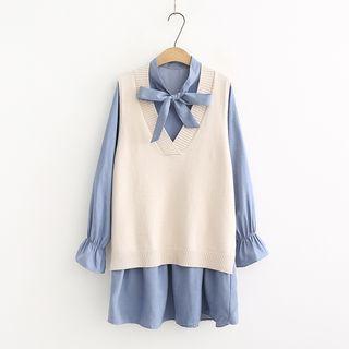 Set: Sweater Vest + Long-sleeve Tie-neck Mini Dress