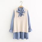 Set: Sweater Vest + Long-sleeve Tie-neck Mini Dress