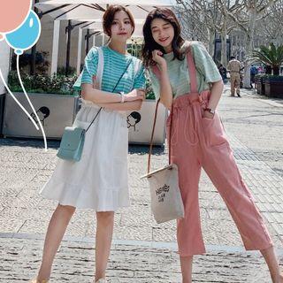 Short-sleeve Striped T-shirt / Suspender A-line Skirt / Suspender Pants / Set