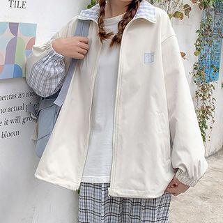 Gingham Panel Oversize Zip Jacket