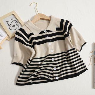Short-sleeve Collar Striped Cardigan Beige - One Size