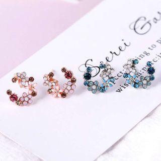 Flower Rhinestone Faux Pearl Open Hoop Earring