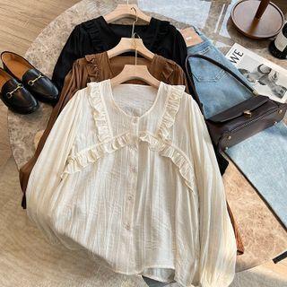 Long-sleeve V-neck Frilled Blouse