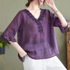 Elbow-sleeve Embroidered Trim Sheer Blouse