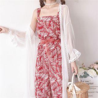 Set: Leaf Print Wide-strap Top + Wide-leg Pants / Light Jacket