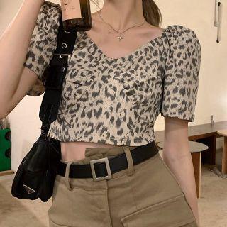 Short-sleeve Leopard Print Blouse Gray Leopard - Almond - One Size