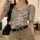 Short-sleeve Leopard Print Blouse Gray Leopard - Almond - One Size