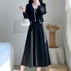 Set: Spaghetti Strap Plain Midi A-line Dress + Faux Pearl Jacket