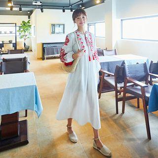 Tie-front Embroidered Cotton Long Dress