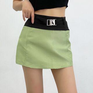 Two-tone Buckled Mini A-line Skirt