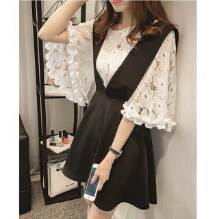 Set: Lace Elbow Sleeve Blouse + Plain Pinafore Dress