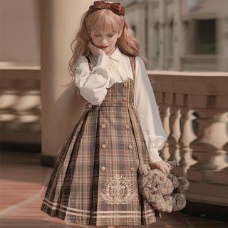 Long-sleeve Mock Two-piece Plaid Panel A-line Dress