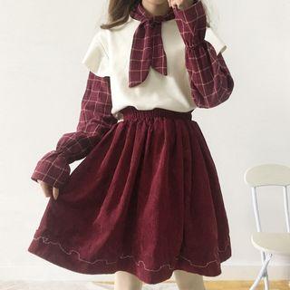 Plaid Mock Two-piece Long-sleeve Top / Embroidered Midi Skirt / Pants