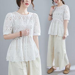 Short-sleeve Embroidered Eyelet Blouse