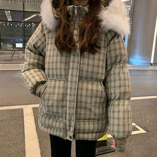 Furry Hood Gingham Padded Zip Jacket