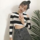 Open Shoulder Stripe Cropped Long-sleeve Top