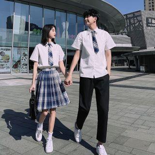 Couple Matching Short-sleeve Plain Shirt / Plaid Pleated Skirt / Bow Tie / Tie / Set