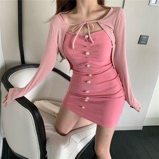 Faux Pearl Button Spaghetti Strap Mini Bodycon Dress / Tie-front Cropped Cardigan