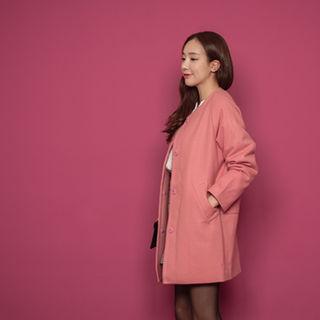 Collarless Snap-button Wool Blend Coat