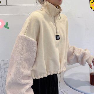 Half-zip Drawstring Fleece Panel Pullover Almond - One Size