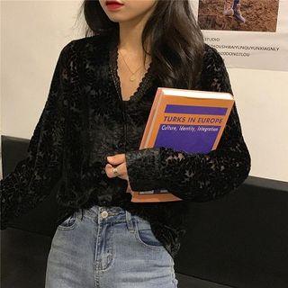Long-sleeve Lace Blouse Black - One Size