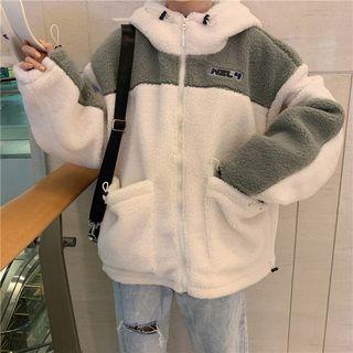 Letter Printed Color Block Shearling Hooded Jacket