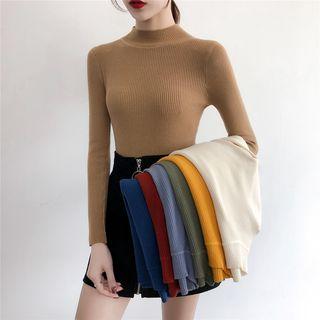 High-neck Plain Long-sleeve Knit Top