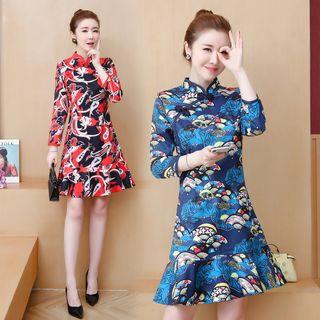 3/4-sleeve Traditional Chinese Printed A-line Dress