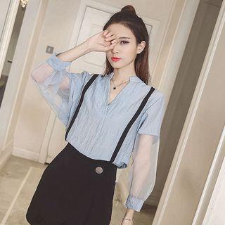 Mesh Panel V-neck 3/4-sleeve Blouse