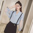 Mesh Panel V-neck 3/4-sleeve Blouse