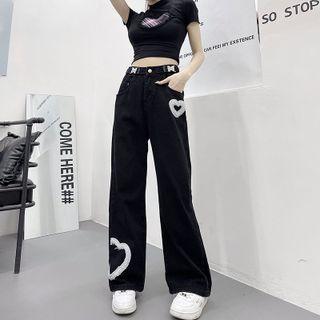 Mid Waist Heart Embroidered Wide Leg Jeans