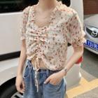 Drawstring Floral Print Short-sleeve Cropped Blouse Tangerine - One Size