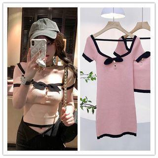Short-sleeve Contrast Trim Knit Top / Mini Sheath Dress