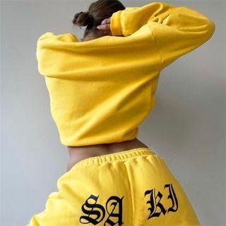 Set: Plain Long-sleeve Sweatshirt + Lettering Print Sweatpants