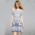 Short-sleeve Cut Out Patterned A-line Dress