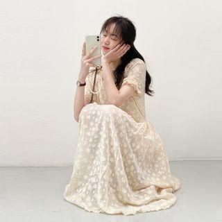 Short-sleeve Midi A-line Lace Dress Beige - One Size